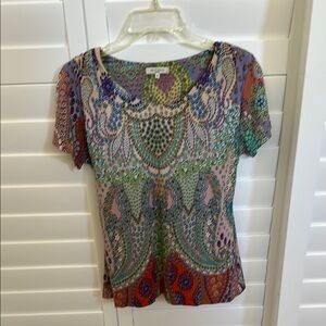 Purple and Green Fitted Blouse with Flutter Sleeves and Graphic Design